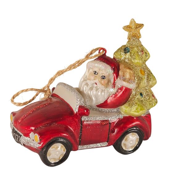 Santa in Red Convertible Car Ornament w/ Christmas Tree 2023 Glitter Holiday - Picture 10 of 14